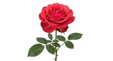 Isolated beautiful red rose on stem with green leaves for Valentine's Day in full bloom