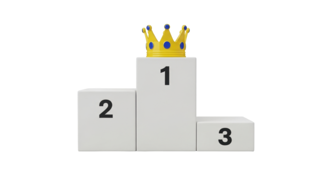 Isolated ranking platform with numbers and a crown, podium for winner of competition