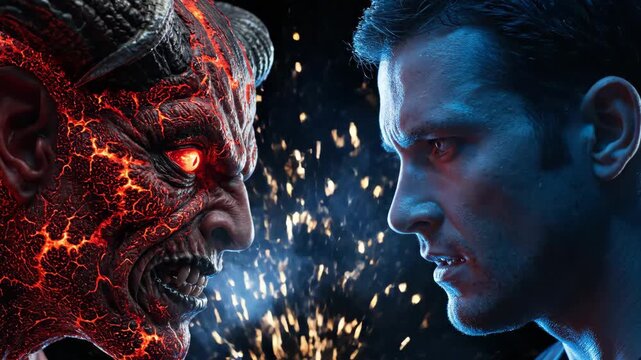 Man vs. Demon Face-Off - A dramatic video shows a close-up of a man in profile facing off against a demon with glowing red eyes and fiery skin.