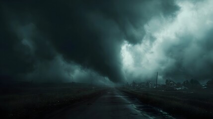 A massive ominous tornado approaches a rural town beneath a dark turbulent and dramatic stormy sky casting a foreboding atmosphere