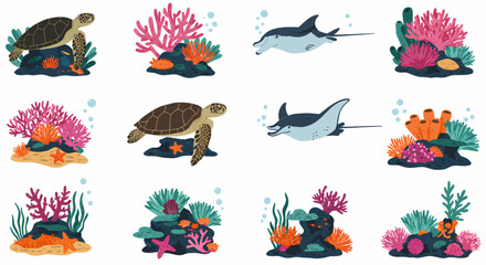 Collection of cartoon sea turtles manta rays and diverse coral reef formations © Faisal
