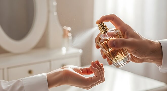 Person spraying perfume onto wrist with a golden bottle fragrance scent