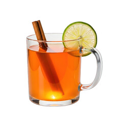 Hot toddy with cinnamon stick and lime garnish on transparent background