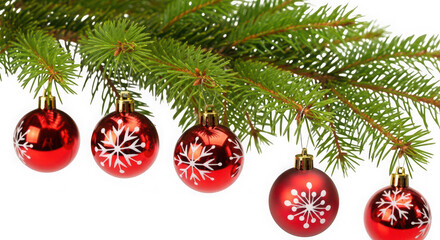 Festive red christmas ornaments hang from a green fir tree branch in this close up shot