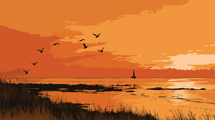 Serene Dusk Coastline Vector with Detailed Outline, Ideal for Designs