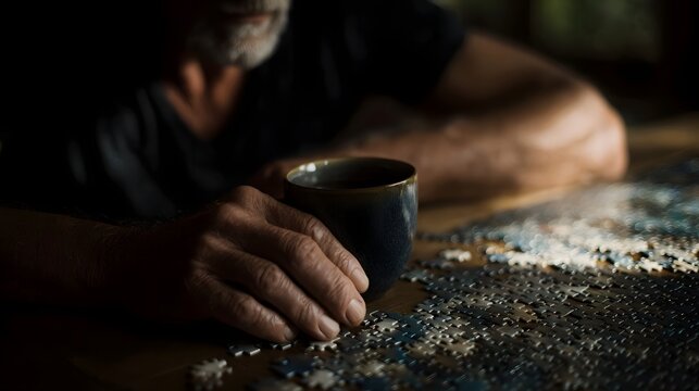An older man s hand holds a mug next to scattered puzzle pieces on a table illuminated by warm evening light - Powered by Adobe