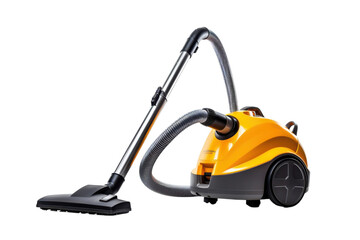 Yellow vacuum cleaner with hose on a black backdrop