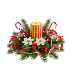 Festive christmas candle arrangement with candy canes and evergreenery