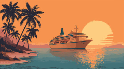 Luxury Cruise Ship at Beautiful Orange Sunset on Ocean Vacation Hill