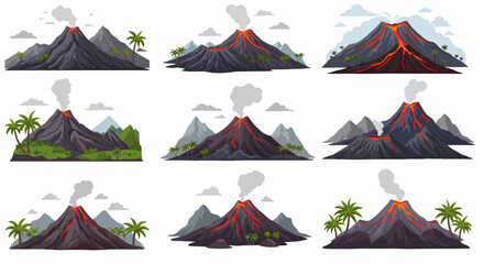 A seamless pattern of nine illustrations depicting active volcanoes with lava flow and smoke © Faisal