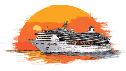 Luxurious Cruise Ship Sailing at Stunning Orange Sunset on Ocean Vacation