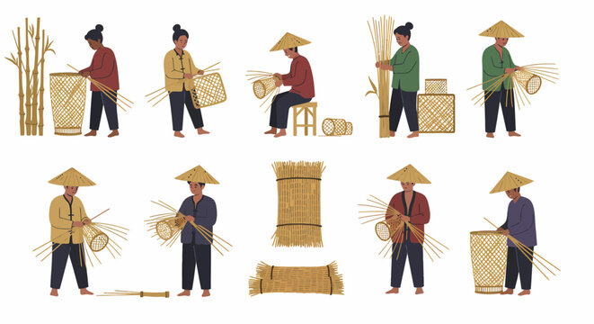 Artisans weaving bamboo baskets and preparing materials
