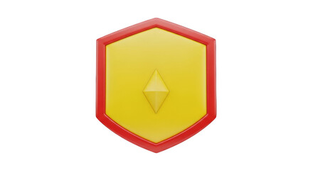 Isolated golden shield emblem with red rim, medieval heraldry with diamond shape, 3d rendering