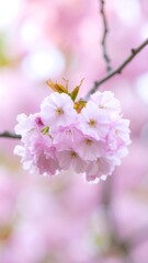 Fototapeta premium A cluster of delicate, light-pink blossoms with multiple petals grows from a slender brown branch. Soft focus background