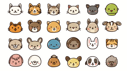 Adorable Kawaii Cartoon Animal Faces on White Background Vector Illustration