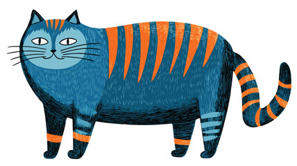 Charming Cartoon Blue Cat with Orange Stripes - Pet Animal Illustration