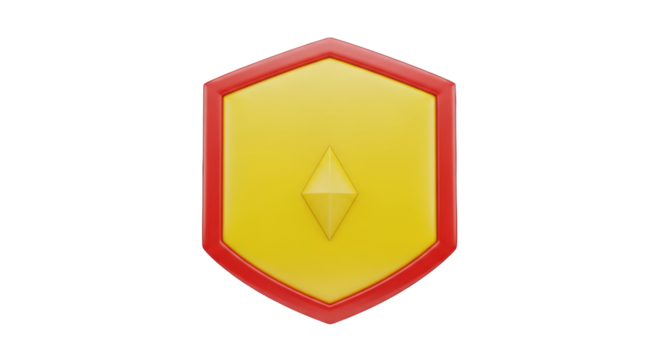 Isolated golden shield emblem with red rim, medieval heraldry with diamond shape, 3d rendering