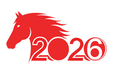 Stylized Red Horse Head with Flowing Mane Forming the Year 2026 in a Modern Artistic Design