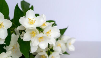 A cluster of delicate, pure-white blossoms with vibrant yellow centers and verdant green leaves against a clean, light background