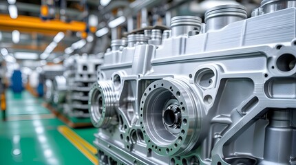 Close-up of a new engine block on a production line, symbolizing precision engineering, manufacturing excellence, automotive innovation, and industrial progress. 