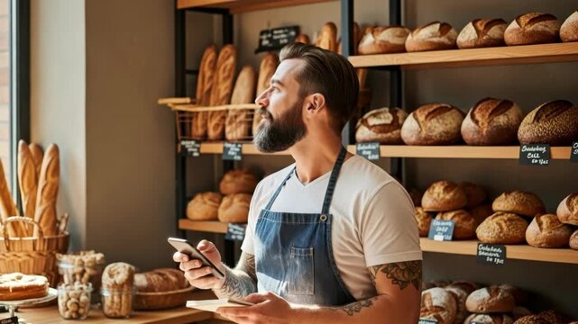 bearded man in denim apron stands in rustic bakery holding phone and notebook looking towards sunny window Fresh bread and various pastries fill wooden shelves and displays
