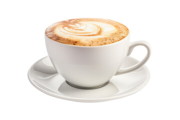 Latte art in a white cup on a saucer against black