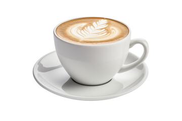 Latte art in a white cup on a white saucer drink