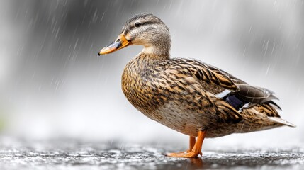 Fototapeta premium Mallard Duck in the Rain: A detailed shot of a mallard duck standing confidently during a rain shower. The bird's feathers are rendered with stunning detail.