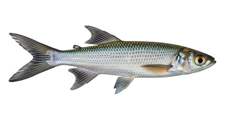 Isolated Mullet fish, a saltwater and freshwater ray-finned, silvery scaled aquatic animal