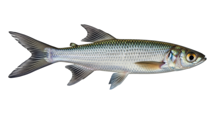 Isolated Mullet fish, a saltwater and freshwater ray-finned, silvery scaled aquatic animal