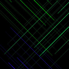 Abstract Neon Diagonal Lines on Black Background with Green and Blue Glow