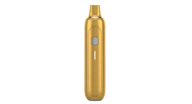 Isolated vaping device in golden finish for e-cigarette enthusiasts, vaporizers on display