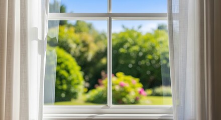 Obraz premium A window with white curtains and a view of a garden.