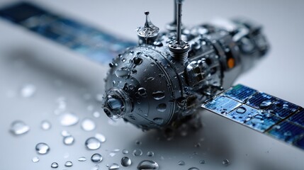 Celestial Sentinel: A sleek satellite, glistening with droplets, stands as a beacon of innovation and exploration against a neutral backdrop.