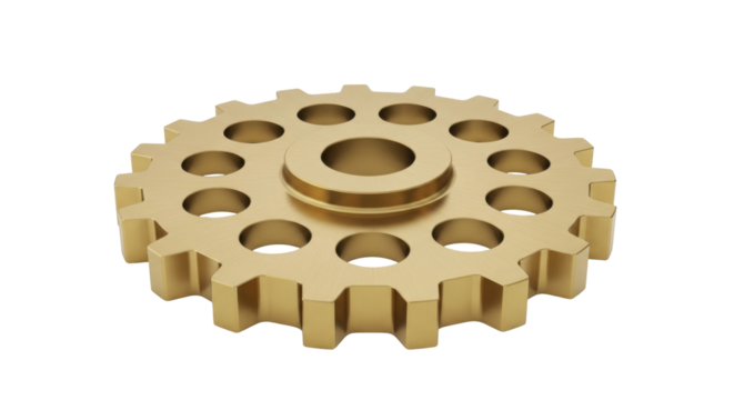 Isolated brass cogwheel with holes and ring, mechanical part for engineering use