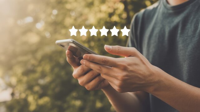 Customer Feedback: A person on a sunny day using a cellphone with five stars above it. this scene conveys the essence of satisfaction, positive customer service and exceptional reviews.