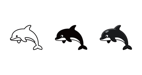 Cute Cartoon Dolphin Icon Set - Outline, Solid, and Colorful Vector Symbol of Sea Animal, Marine Life, and Joy