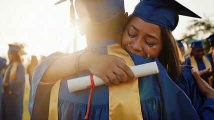 Emotional embrace between graduates in caps and gowns; diplomas held - Powered by Adobe