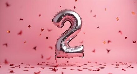Obraz premium Silver number 2 balloon with confetti on a pink background.