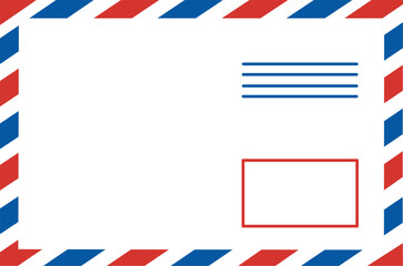 Minimalist vintage airmail envelope border in red and blue with clean white background and empty space for letter, message, or postal design, perfect for correspondence, stationery templates