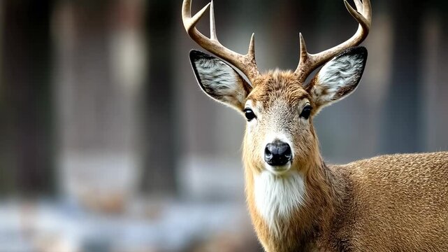 Majestic deer standing quietly in a forest during early morning light, showcasing its beautiful antlers and serene expression