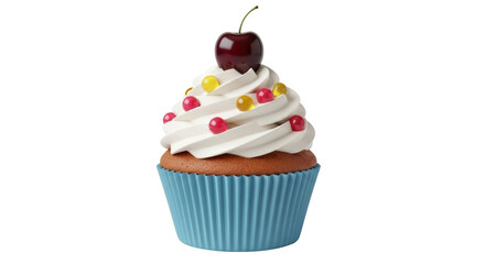 Isolated cherry cupcake with frosting and candy toppings on blue paper baking cup dessert