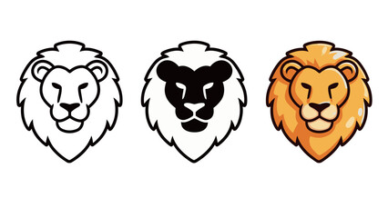 Majestic Lion Head Icon Set - Outline, Black Silhouette, and Detailed Color Illustration