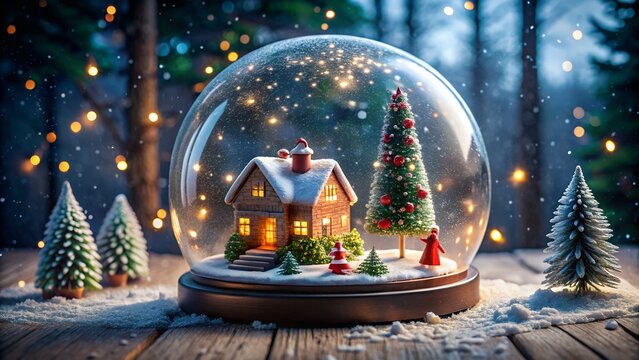 Enchanting christmas snow globe scene featuring a cozy illuminated cabin and festive fir trees surrounded by sparkling bokeh lights in a magical winter forest setting