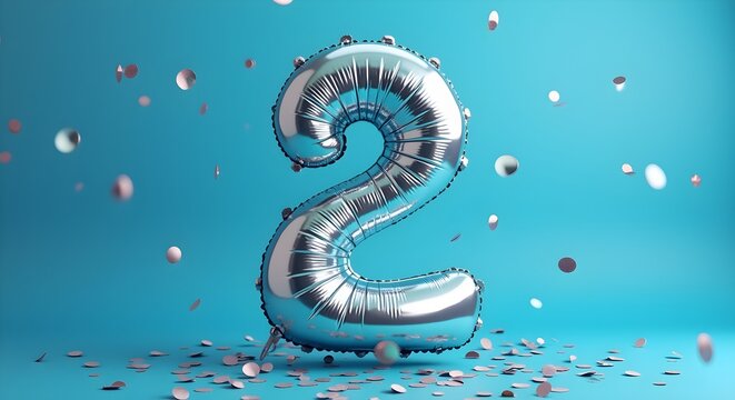 Silver number two balloon with confetti on a blue background.