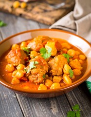 A close-up shot displays a hearty, colorful stew in a brown ceramic bowl. The stew is filled with large chunks of meat and chickpeas