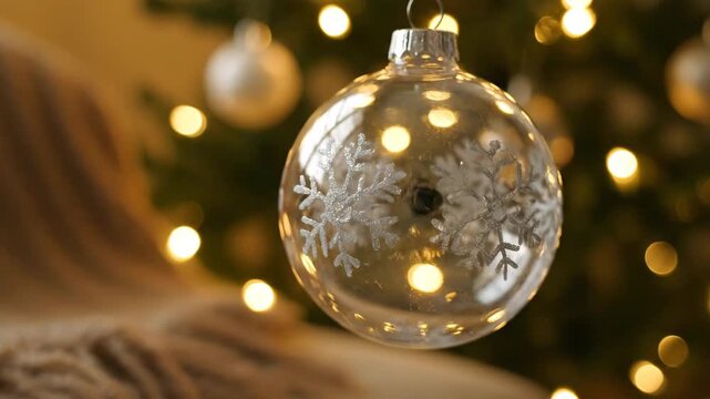 Christmas Ornament Close-up - A clear Christmas ornament hangs from a Christmas tree, reflecting the soft, warm lights. The ornament features a delicate snowflake design etched into its surface.