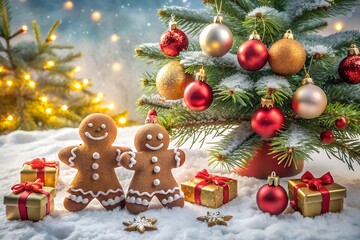 Festive christmas scene with decorated evergreen tree gingerbread cookies and gift boxes nestled in soft snow with twinkling lights creating a warm holiday atmosphere