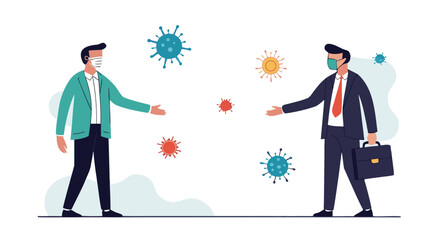 Two businessmen practice social distancing in a modern office.

