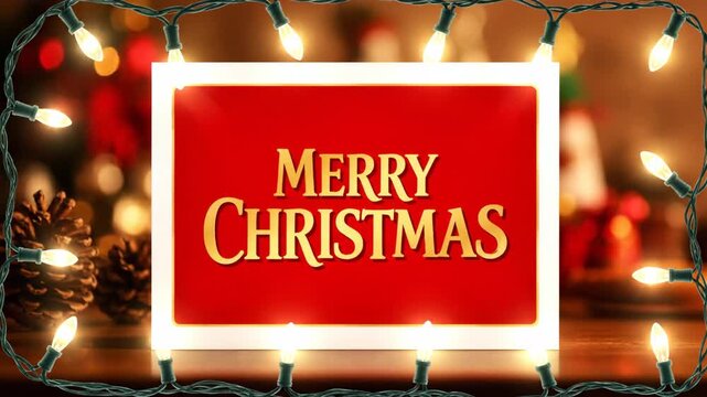 Festive Christmas Card with Lights - A red and white Christmas card displaying "Merry Christmas" in gold font is framed by twinkling string lights.